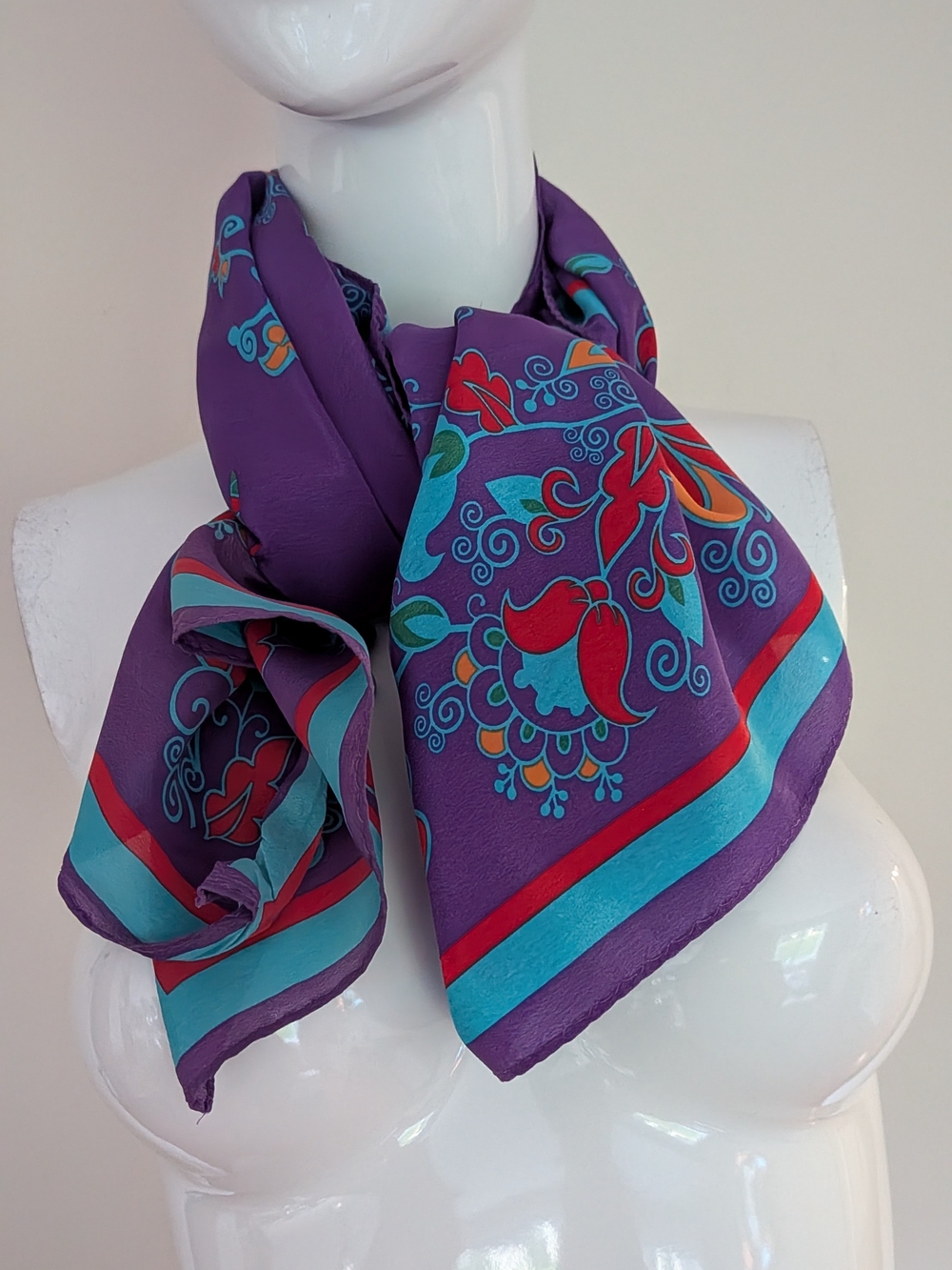 💯 % SilkVibrant Purple Floral Silk Scarf with Turquoise Accents - Unbranded